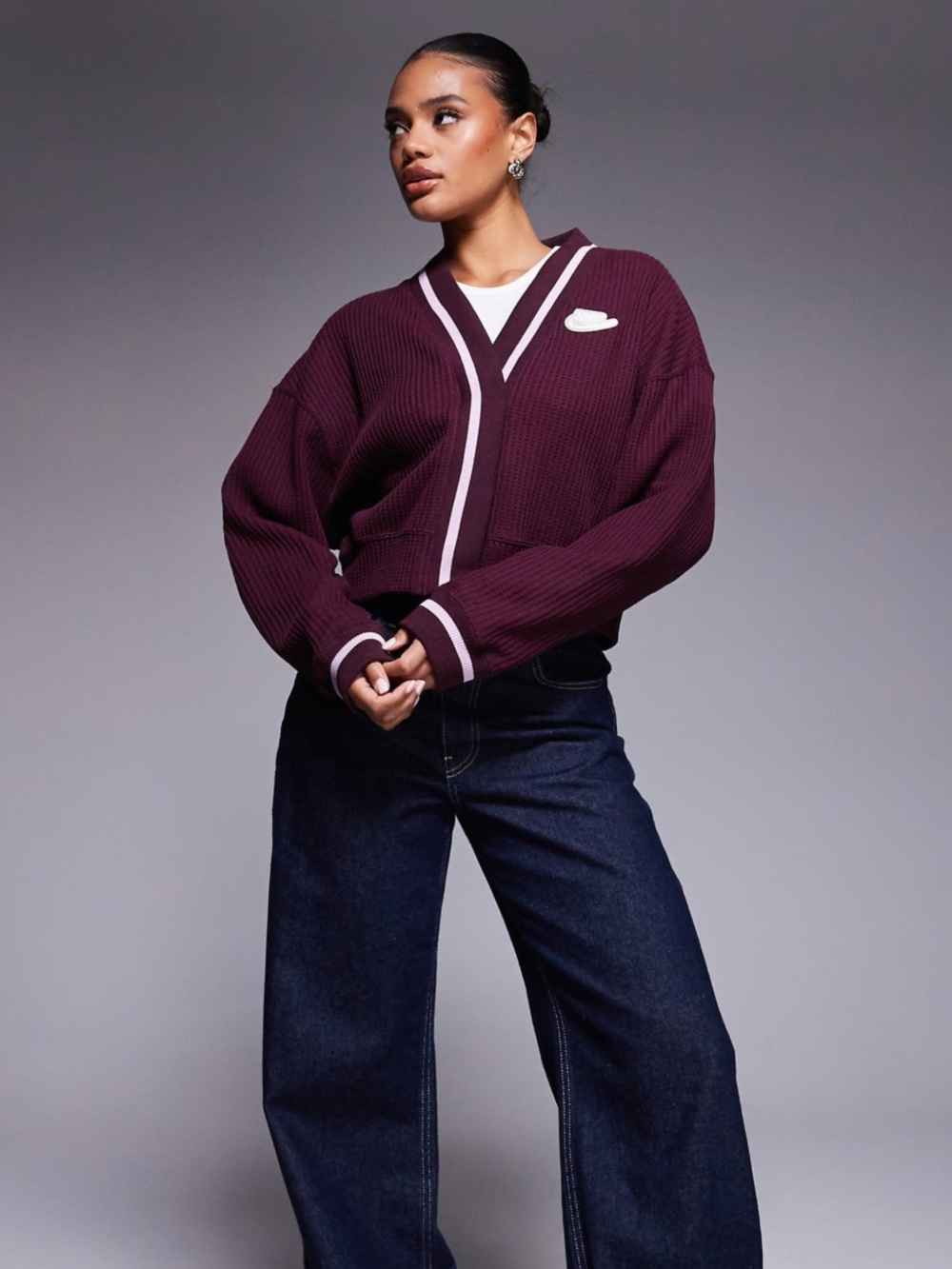 Nike Phoenix NSW preppy cardigan in burgundy Women’s Size Medium Waffle Knit